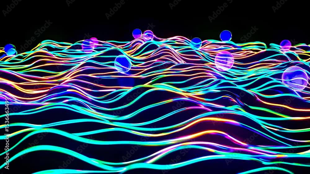 Poster colorful neon lines form a mesmerizing wave pattern, adorned with glowing spheres, creating a vibran