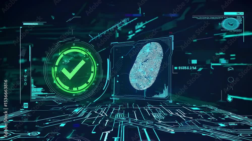 Poster futuristic digital environment featuring fingerprint authentication with a green check mark indicati