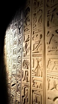 Ancient stone wall covered in aged Egyptian hieroglyphs detailing pharaohs, deities, and daily life in warm toned textured carving