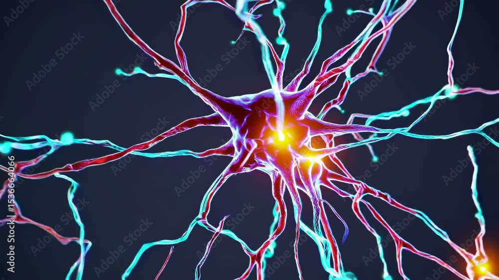 Poster glowing neuron transmitting electrical signals through its network of axons and dendrites, represent