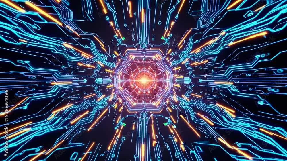 Poster glowing blue and orange lines of data flow through a futuristic circuit board tunnel, creating a vib