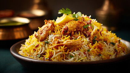 Realistic Textures Highlighted in Chicken Biryani Under Soft Light