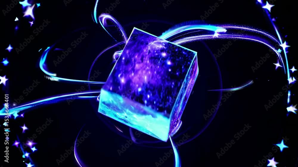 Poster surrounded by light streaks and stars, a rotating cube emits vibrant purple and blue light in a dark