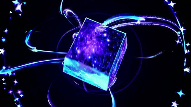 Surrounded by light streaks and stars, a rotating cube emits vibrant purple and blue light in a dark space, creating a captivating and mesmerizing visual effect that evokes a sense of wonder