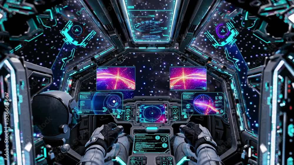 Poster astronaut piloting a futuristic spaceship through mesmerizing starry nebulae, surrounded by glowing 