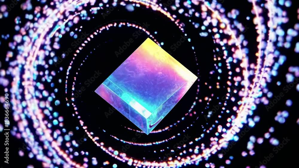 Poster colorful particles swirling around a luminous cube, creating a mesmerizing vortex of light and energ