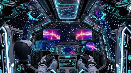 Astronaut piloting a futuristic spaceship through mesmerizing starry nebulae, surrounded by glowing control panels and screens displaying vibrant space battles - Powered by Adobe