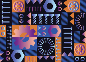 Geometric abstract vector pattern with cogwheel symbols, mechanical engineering elements, industrial tools. Graphics composition, best use in web design, business card, poster, textile print.