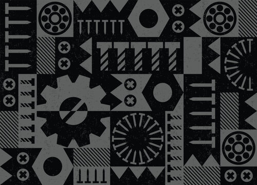 Geometric abstract vector pattern with cogwheel symbols, mechanical engineering elements, industrial tools. Graphics composition, best use in web design, business card, poster, textile print.