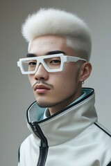 Portrait of a young Asian man in white avant-garde clothes, he has a white beard and hair, and also wears large futuristic glasses.