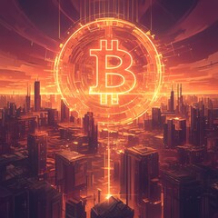 Bitcoin cryptocurrency symbol on futuristic city background. Cryptocurrency concept

