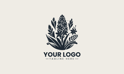 Beautiful hyacinth flower in full bloom with vivid color and leafy stem vector logo illustration design