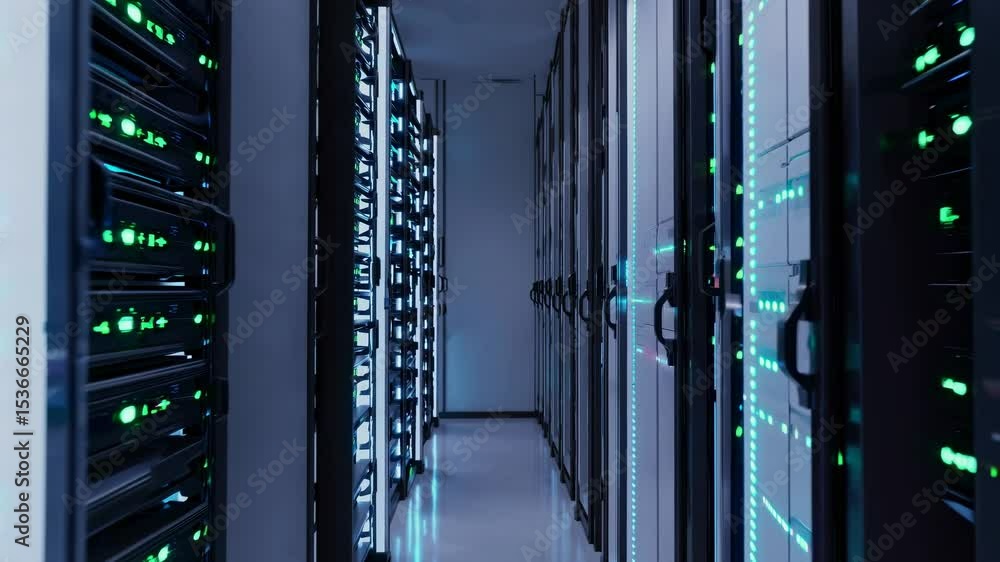 Poster featuring a modern data center filled with server racks glowing with green lights, creating an advan