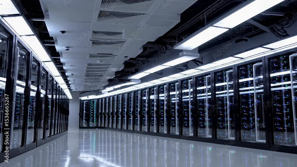 Poster powerful servers generating vast amounts of big data fill a modern server room, with advanced hardwa