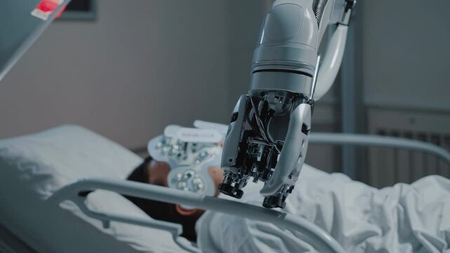 In a hospital operating room, a robotic arm is positioned above a patient lying on a bed, wearing a brainwave scanning device, undergoing a medical procedure