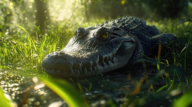 Young caiman resting in swamp.