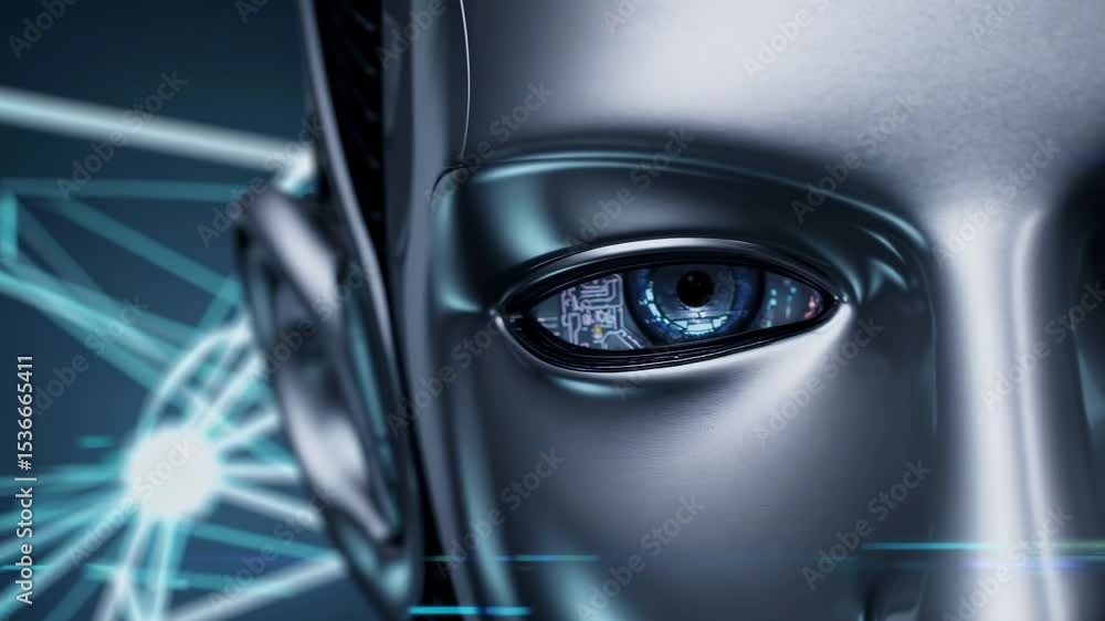 Poster futuristic robot with a circuit board in its eyes observes intently, surrounded by a backdrop of dat