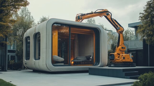 Modern concrete pod with robotic arm - Powered by Adobe