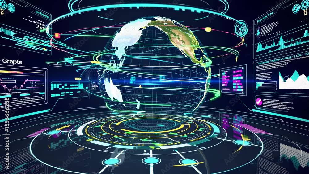 Poster futuristic global business and finance monitoring system analyzing economic data and investment oppo