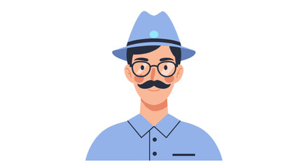 Obraz premium Man wearing blue shirt and hat with mustache and glasses 