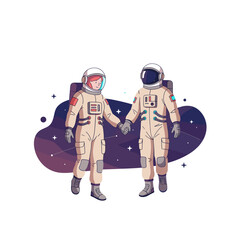 Cartoon astronauts holding hands against a cosmic background  