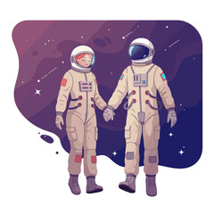 Two astronauts holding hands in space against a starry background  
