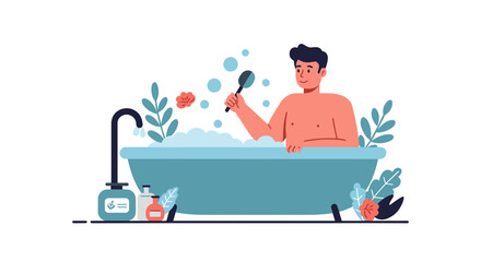 Obraz premium Young man relaxing in a herbal detox bath with bubbles and flowers 