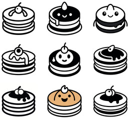 Pancake Stack Icon Set Black and White Vector Illustrations