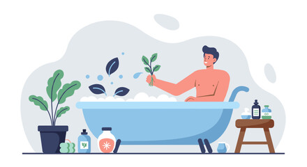 Fototapeta premium Man enjoying herbal detox bath with leaves and plants at home 