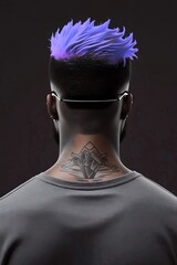 Picture from the back with a tattoo of a black guy with violet hair, wearing a gray t-shirt.
