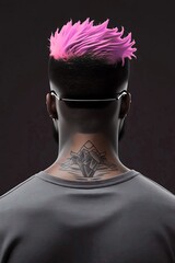 Picture from the back with a tattoo of a black guy with pink hair, wearing a gray t-shirt.