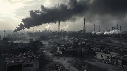 An industrial zone releasing dark smoke into the sky, causing asthma and lung cancer in nearby communities.

