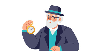 Elderly man holding a pocket watch while smiling in a formal outfit  