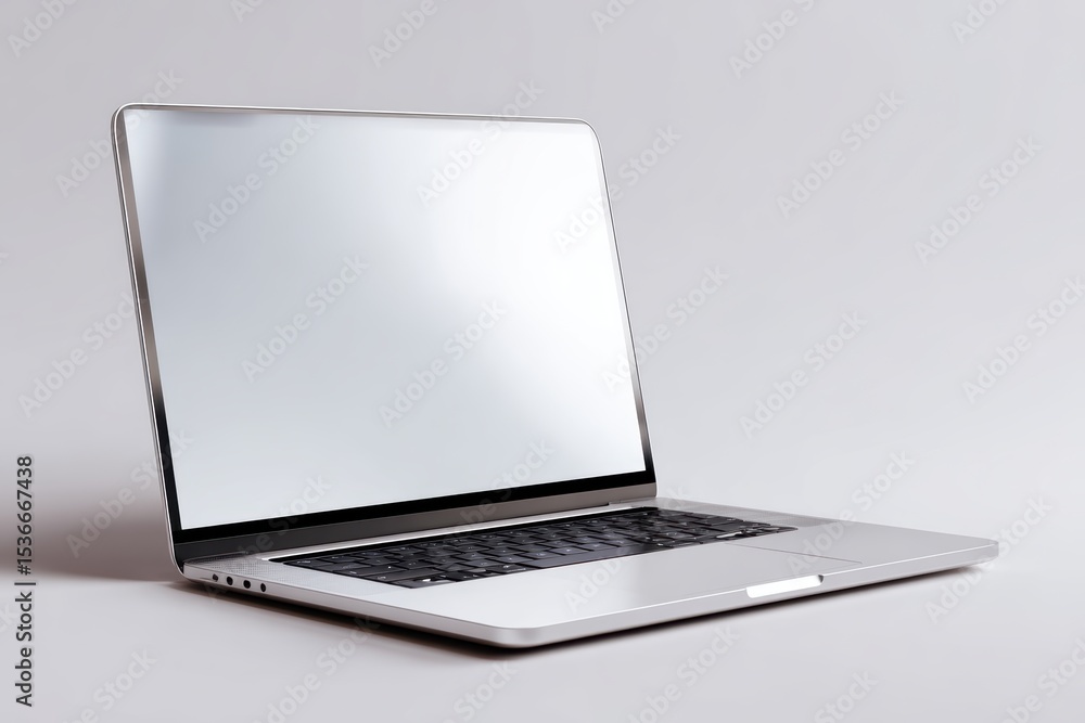 Poster open laptop with blank screen and keyboard in white studio setting