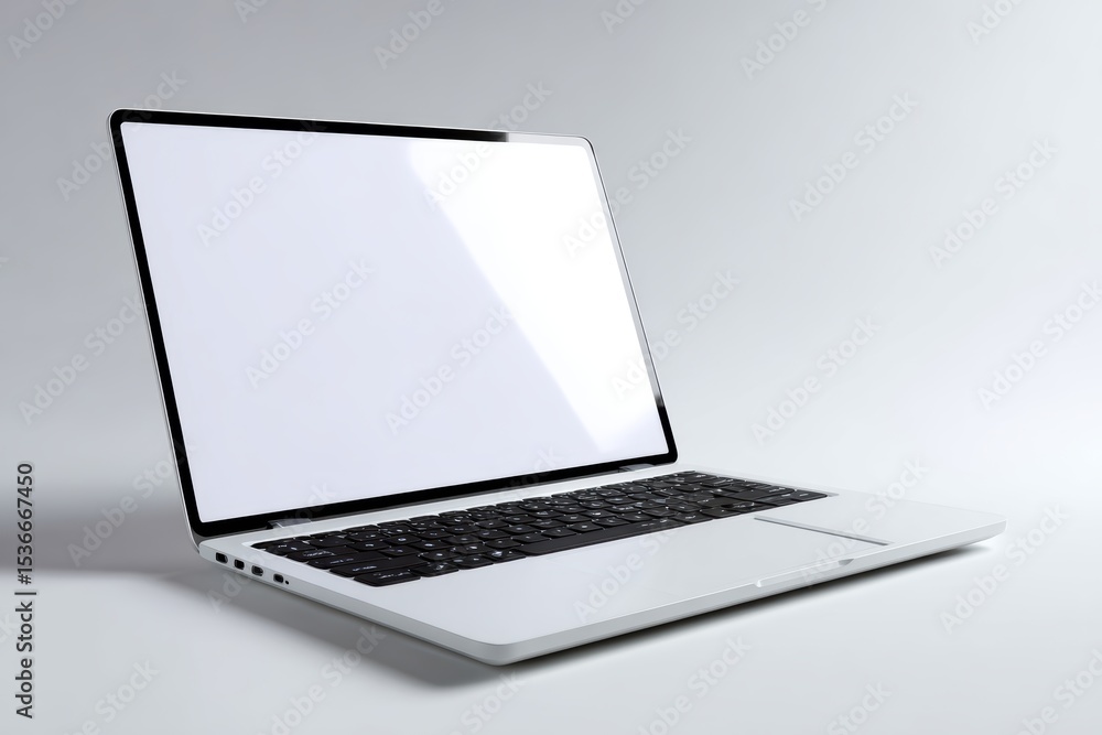 Poster open laptop with blank screen and keyboard in white studio setting