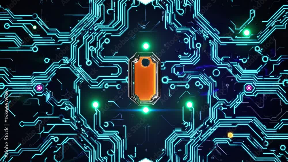 Poster orange cpu processing data over a futuristic printed circuit board with glowing blue and green light