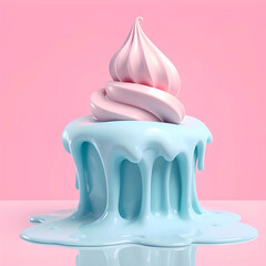 Minimalist Ice Cream Sculpture in Cool Blue and Pink Melting Over Glossy Surface Digital Illustration