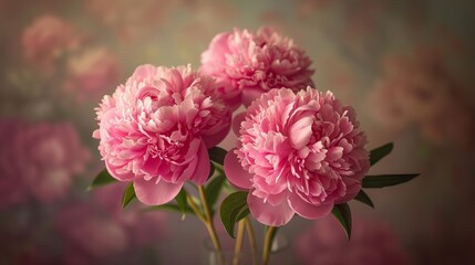 Fototapeta premium Stunning Pink Peonies Close Up Three Beautiful Blossoms in Full Bloom