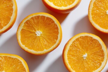 Fototapeta premium Fresh orange slices arranged in a grid on clean white surface