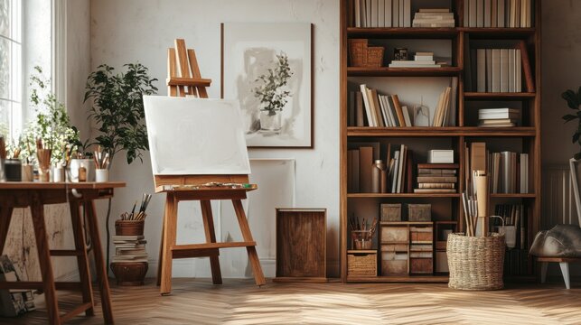 Sunlit artist studio filled with an easel, art supplies, and cozy bookshelf - Powered by Adobe