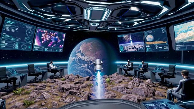 Engineers wearing vr headsets are controlling a rocket launch from a futuristic command center, with large screens displaying data and a holographic projection of earth