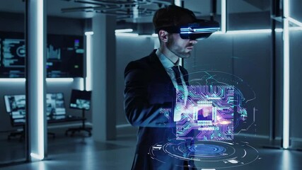 Businessman wearing a vr headset interacts with a futuristic hologram of a microchip, representing innovation and technological advancement in a high-tech environment - Powered by Adobe