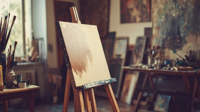 Atmospheric art studio with canvas on easel, paintbrushes and artwork