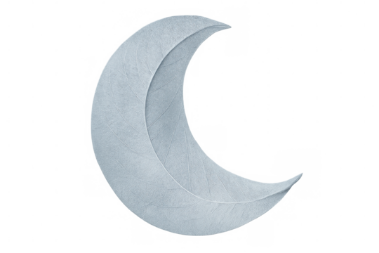 Silver metallic leaf curving into crescent moon silhouette, floating against translucent ethereal backdrop