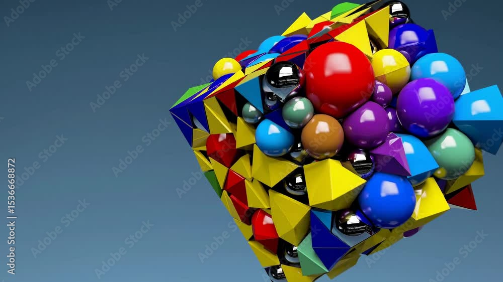 Poster abstract cube structure forming with colorful spheres and pyramids, symbolizing creativity, design, 