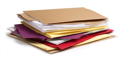 The stacked assortment of colorful papers and documents for office use