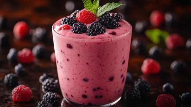 A refreshing berry smoothie in a glass, topped with fresh berries.