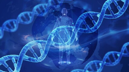 Digital Human and DNA Helix Amid Global Matrix in Futuristic Blue Hues - Powered by Adobe