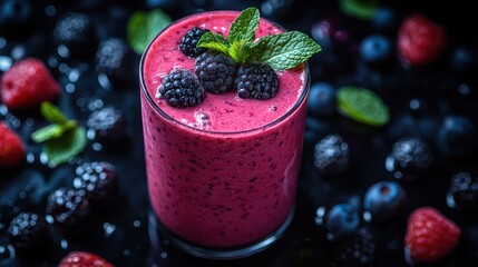 A vibrant berry smoothie, topped with fresh blackberries and mint.