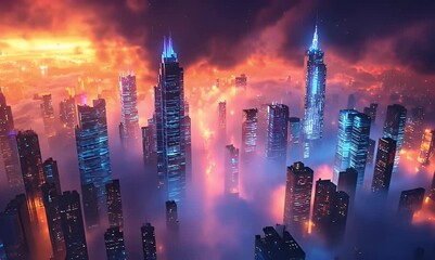 Futuristic cityscape with neon skyscrapers surrounded by glowing fog under dramatic burning sky. Urban sci-fi concept - Powered by Adobe